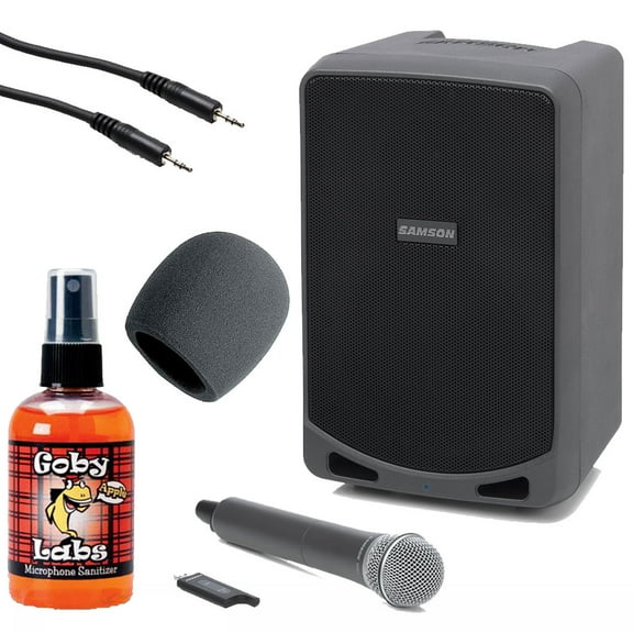 Samson Expedition XP106w Rechargeable Battery Powered Wireless PA with Bluetooth + Microphone Sanitizer + Foam Windscreen + Stereo Interconnect Cable - Top Value Accesory Bundle