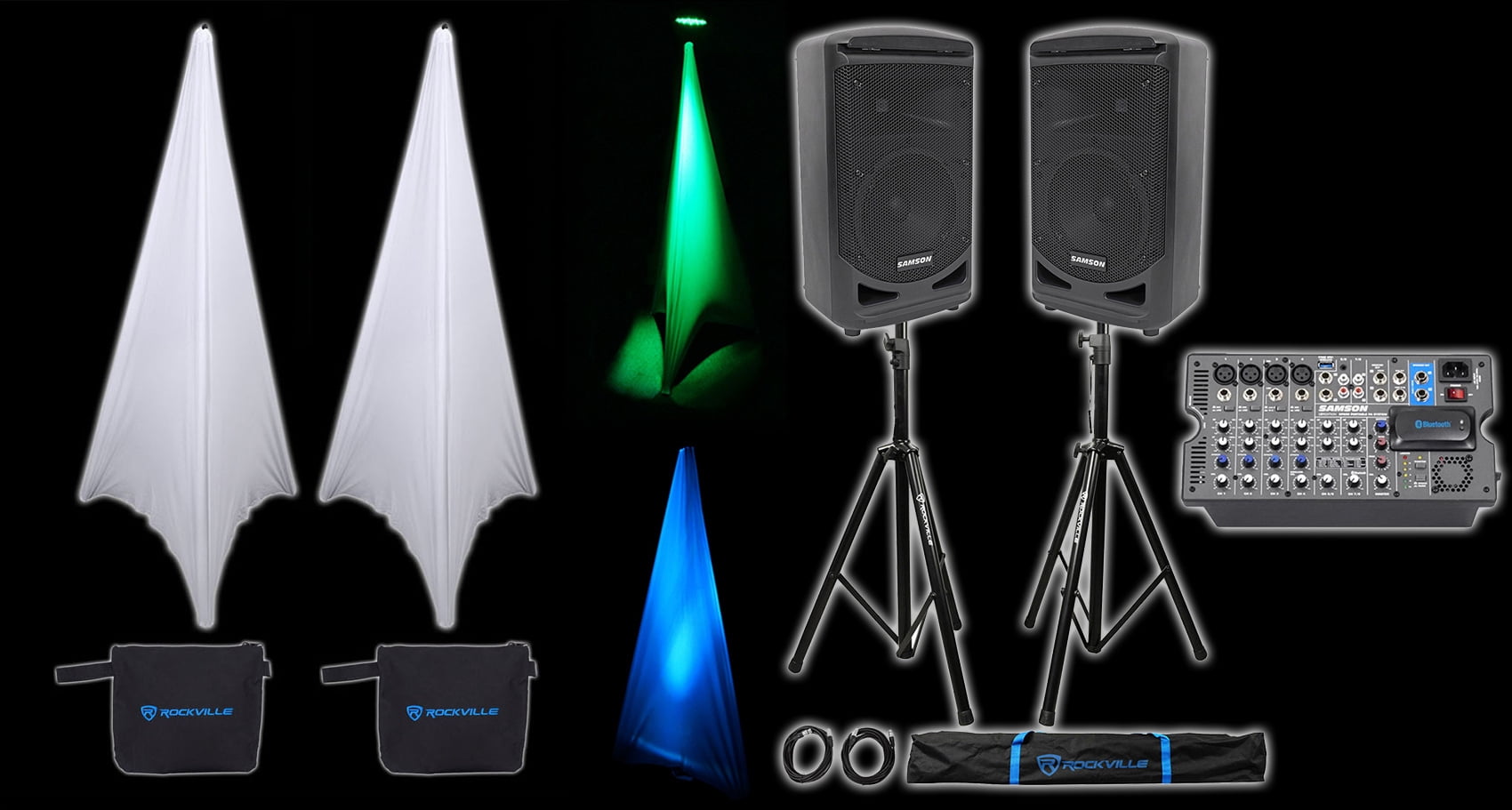 Samson Expedition XP800 800w Portable 8" PA DJ Speakers+Mixer+Stands+Cables+Bags