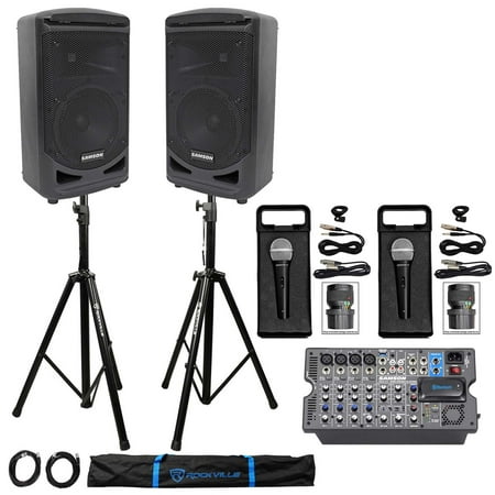 Samson Expedition XP800 800w Portable 8" PA DJ Speakers+Mixer+Stands+Cables+Mics