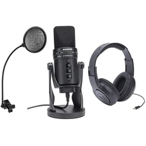 Samson G-Track Pro Studio USB Condenser Mic with Audio Interface - Bundle With Samson SR350 Over-Ear Stereo Headphones, Mr Dj Pop Filter with Gooseneck