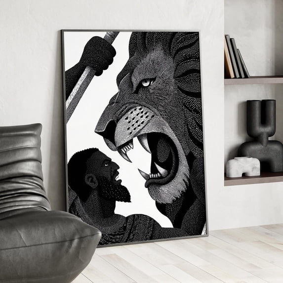 Samson Lion Pointillism Drawing Fighting Art Black White Biblical ...