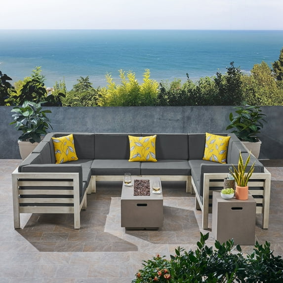 Samson Outdoor U-Shaped Sectional Sofa Set with Fire Pit, Weathered Gray with Dark Gray and Light Gray
