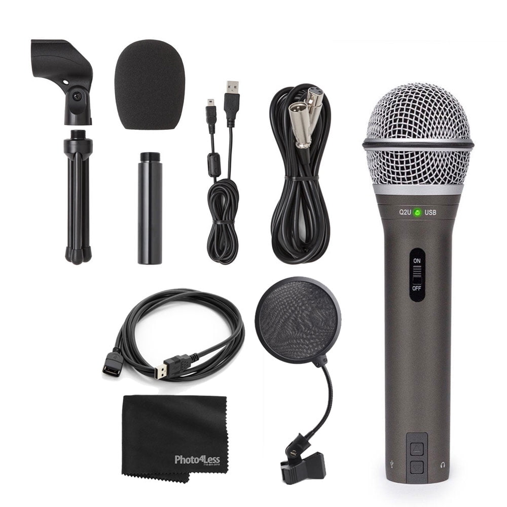 Samson Q2U Recording & Podcasting Pack (Gray) + Pop Filter + USB 2.0 A Male to A Female Extension Cable + Cleaning Cloth - Great Recording and Podcasting Bundle