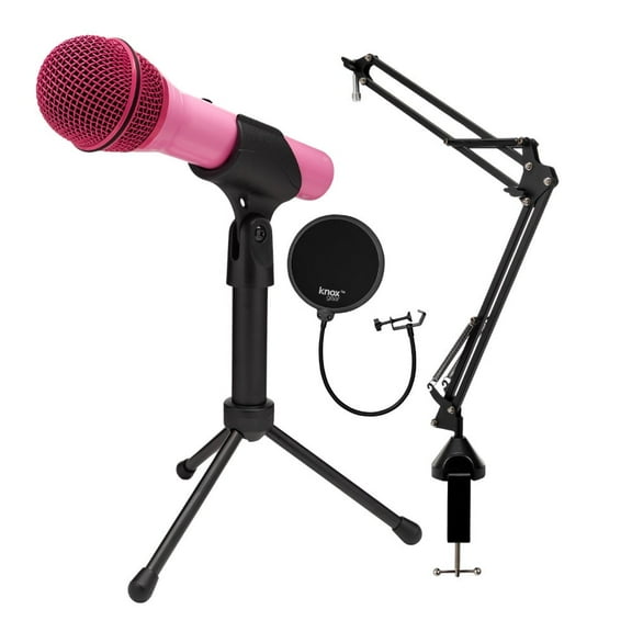 Samson Q2U USB and XLR Handheld Dynamic Microphone with Cardioid Polar Pattern (Pink) Bundle with Desktop Boom Arm Microphone Stand and Pop Filter for Broadcasting and Recording Microphones (3 Items)