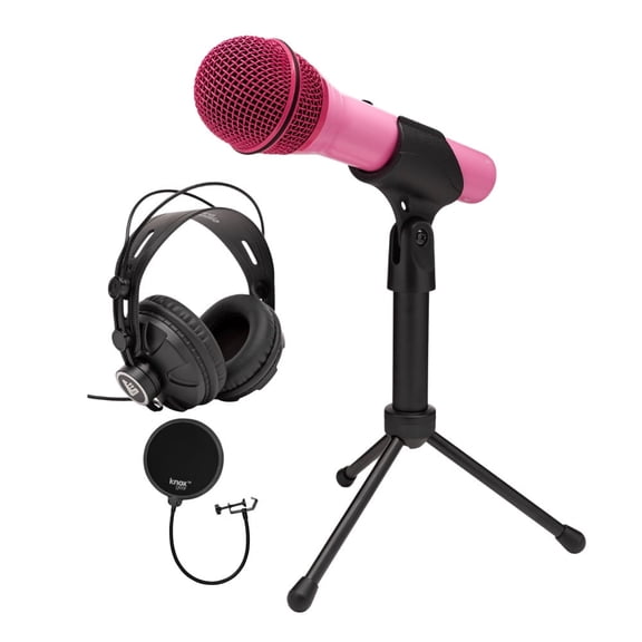 Samson Q2U USB and XLR Handheld Dynamic Microphone with Cardioid Polar Pattern (Pink) Bundle with Focus Pro Audio TX-100 Studio Monitor Headphones (Black), and Knox Gear Pop Filter (3 Items)
