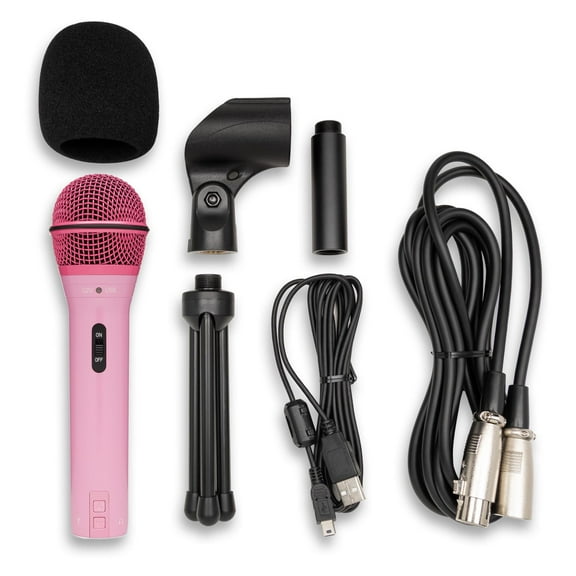 Samson Q2U USB and XLR Handheld Dynamic Microphone with Cardioid Polar Pattern (Pink) Bundle with Shock Mount and Desktop Boom Arm Microphone Stand (3 Items)