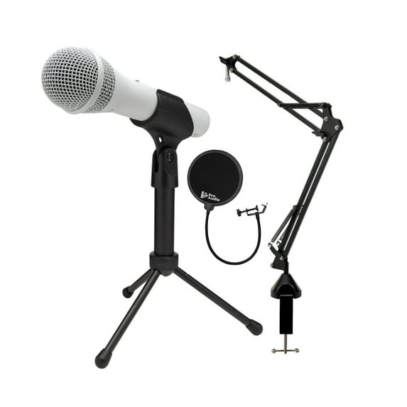 Samson Q2U USB and XLR Handheld Dynamic Microphone with Cardioid Polar Pattern (White) Bundle with Desktop Boom Arm Microphone Stand and Pop Filter for Broadcasting and Recording Microphones