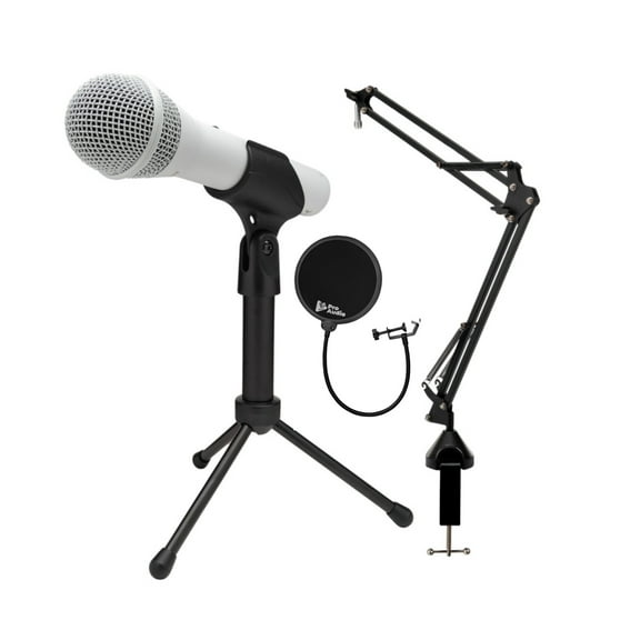Samson Q2U USB and XLR Handheld Dynamic Microphone with Cardioid Polar Pattern (White) Bundle with Desktop Boom Arm Microphone Stand and Pop Filter for Broadcasting and Recording Microphones