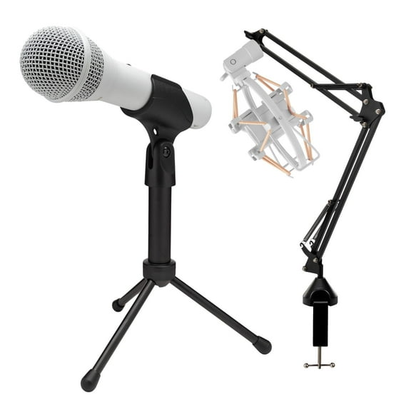 Samson Q2U USB and XLR Handheld Dynamic Microphone with Cardioid Polar Pattern (White) Bundle with Focus Pro Audio Shock Mount (White) and Focus Pro Audio Desktop Boom Arm Microphone Stand (3 Items)