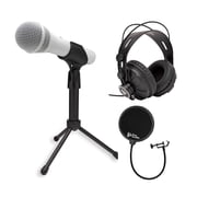 Samson Q2U USB and XLR Handheld Dynamic Microphone with Cardioid Polar Pattern White Bundle with Focus Pro Audio TX-100 Studio Monitor Headphones Black, and Knox Gear Pop Filter 3 Items