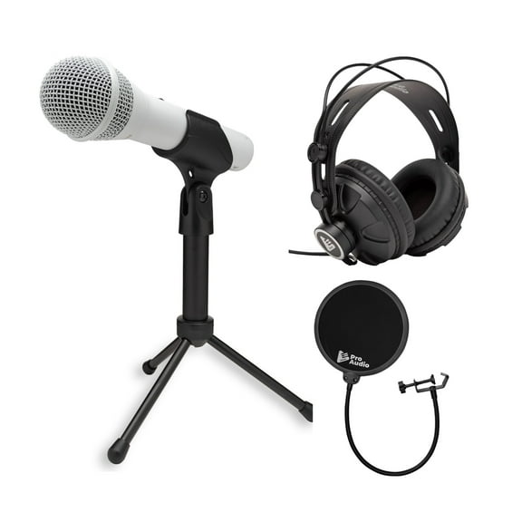 Samson Q2U USB and XLR Handheld Dynamic Microphone with Cardioid Polar Pattern (White) Bundle with Focus Pro Audio TX-100 Studio Monitor Headphones (Black), and Knox Gear Pop Filter (3 Items)
