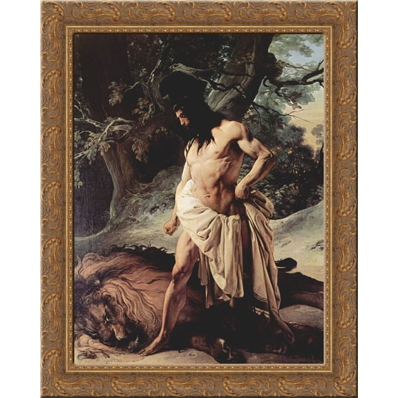 Samson Slays the Lion 24x20 Gold Ornate Wood Framed Canvas Art by Francesco Hayez