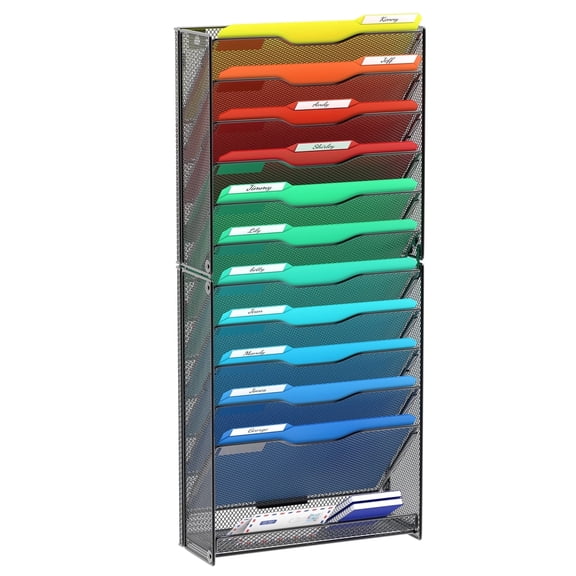Samstar 12 Tier Wall File Organizer, Hanging Wall Mount File Holder Paper Folder Mail Organizer, Mesh Metal, Black.