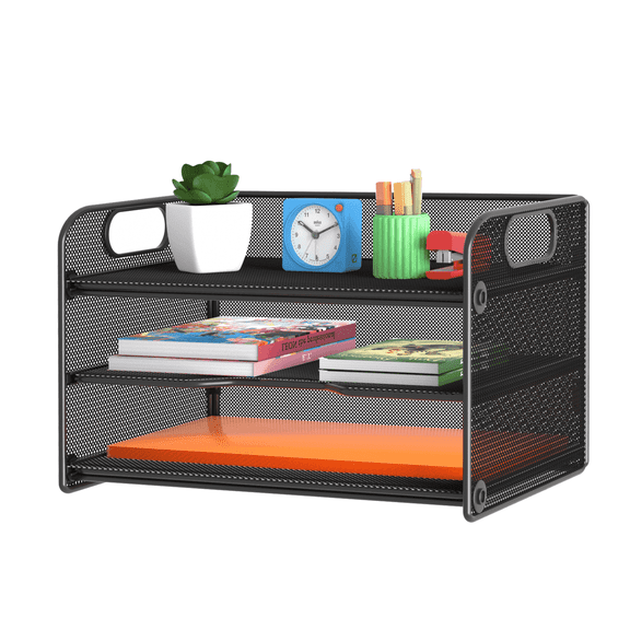 Samstar 3 Tier Mesh Paper Organizer Letter Tray with Handle, Black