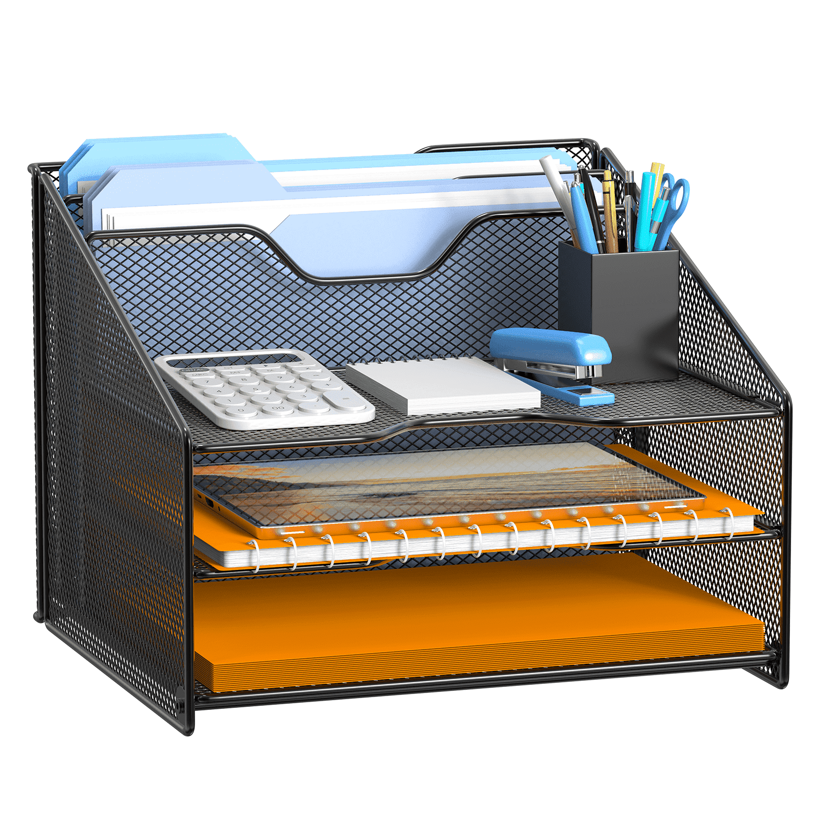 Samstar Desk File Organizer, Mesh Letter File Folder Holder with 3 Paper Trays and 2 Vertical Upright Section, Black.