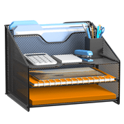 Samstar Desk File Organizer, Mesh Letter File Folder Holder with 3 Paper Trays and 2 Vertical Upright Section, Black.