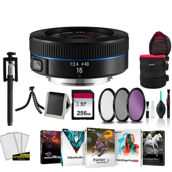 Samsung 16mm F/2.4 Compact i-Function Wide Lens for Samsung NX Cameras (EX-W16ANB)- Bundle with 256GB Memory Card, Carrying Case, Tripod, Corel Photo-Video-Art Suite + More