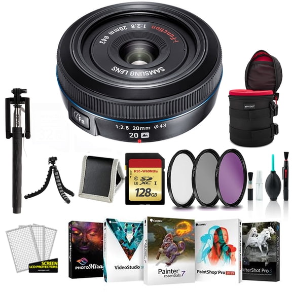 Samsung 20mm NX Pancake lens for NX Series Cameras NX10 / NX100 (EX-W20NB) - Bundle with 128GB Memory Card, Carrying Case, Cleaning Kit, Corel Photo-Video-Art Suite + More
