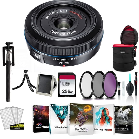 Samsung 20mm NX Pancake lens for NX Series Cameras NX10 / NX100 (EX-W20NB) - Bundle with 256GB Memory Card, Carrying Case, Tripod, Corel Photo-Video-Art Suite + More