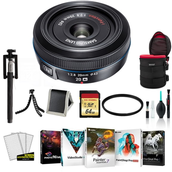 Samsung 20mm NX Pancake lens for NX Series Cameras NX10 / NX100 (EX-W20NB) - Bundle with 64GB Memory Card, Carrying Case, Corel Photo-Video-Art Suite + More