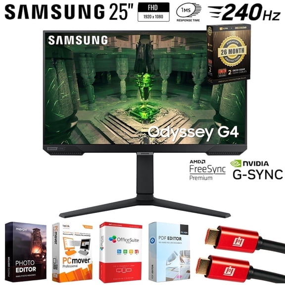 Samsung 25" Odyssey G4 FHD Gaming Monitor, IPS, 240Hz, 1ms, G-Sync Bundle with Tech Smart USA Elite Suite 18, 2x 4K HDMI Cable & Deco Gear CPS Exclusive 26 Month Protection Pack (BEACH-CPS-26M250)