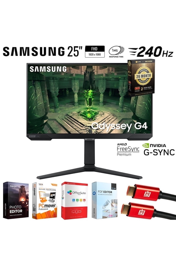 25" Odyssey G4 FHD Gaming Monitor, IPS, 240Hz, 1ms, G-Sync Bundle with Tech Smart USA Elite Suite 18, 2x 4K HDMI Cable & Deco Gear CPS Exclusive 26 Month Protection Pack (BEACH-CPS-26M250)