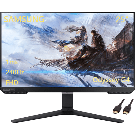 Samsung 25" Odyssey G4 Series FHD Gaming Monitor, G-Sync Compatible, AMD FreeSync Premium, Ultrawide Game View, DisplayPort, Fully Adjustable Stand, 240Hz, 1ms, HDR10, HDMI, Black, with HDMI Cable