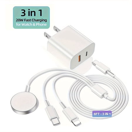 JOZASHON 20W Dual Port 3-in-1 Fast Charging Cable,6ft For Apple Watch & i Phone 15-17 Pro Max/14/13/12/11 (White)