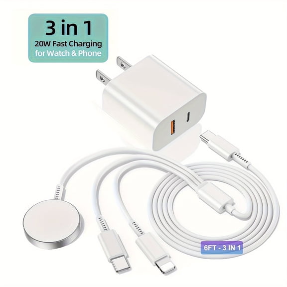 JOZASHON iWatch Charger Fast Charging, 3-in-1 Multi Chargers Cable with 20W Dual port, 6FT Compatible for iWatch Series Ultra2/SE/10/9/8/7/6/5/4/3/and i Phone 15 16 Pro Max/14/13/12/11 (White)