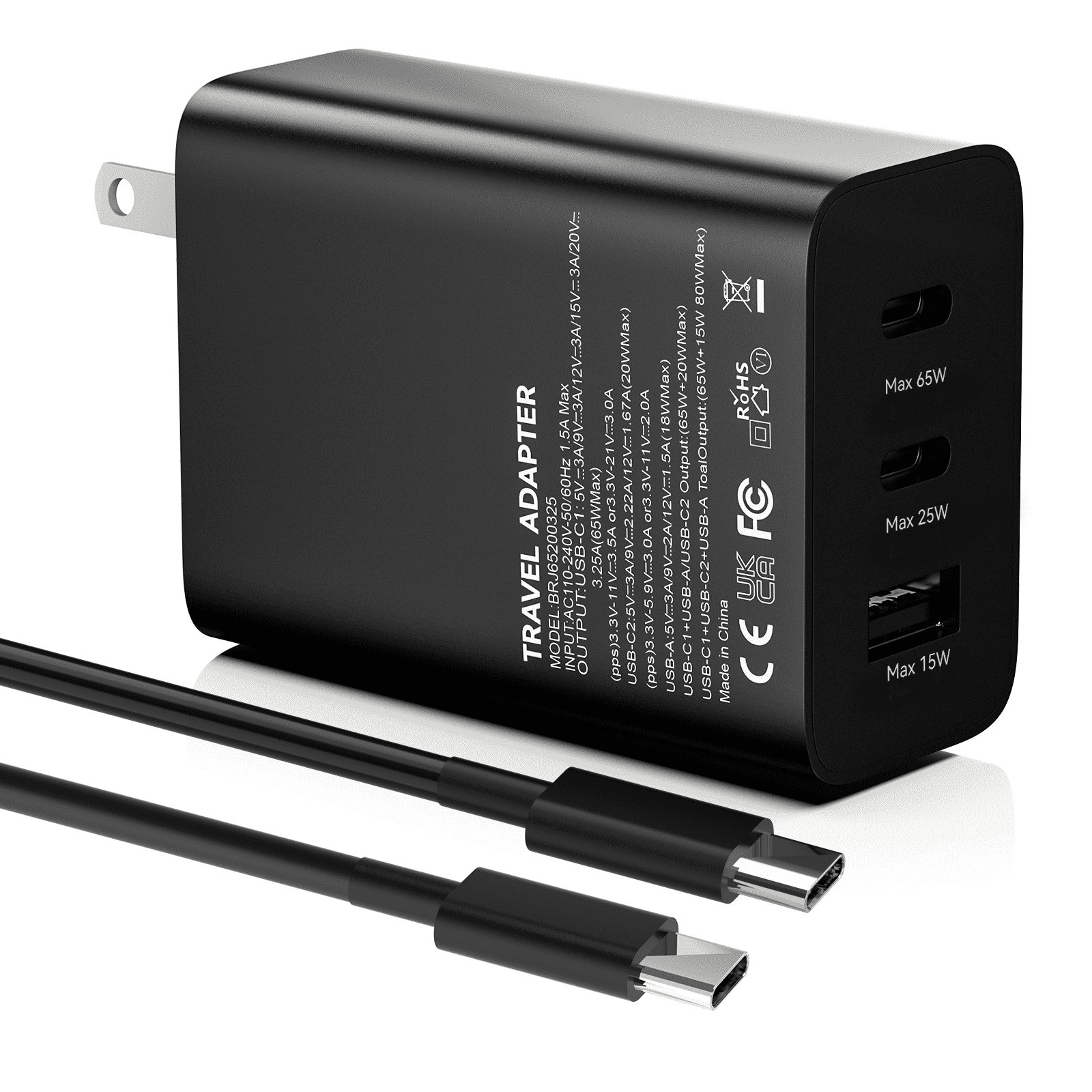 Samsung 3-Port 65W Trio Adapter, GaN PD 3.0 USB Adapter Super Fast Charging Wall Charger for Samsung Galaxy S23 Series with 5.9ft C to C Cord, Black