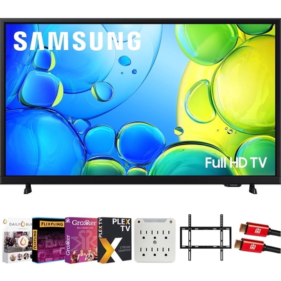 Samsung 32 inch 1080P Full HD F6000F Smart TV 2025 Bundle w/ Premiere Movie Streaming + 19-45 Inch TV Wall Mount + 6-Outlet Surge Adapter + 2X HDMI Cable & Complete Home Theater Beginner's Guidebook