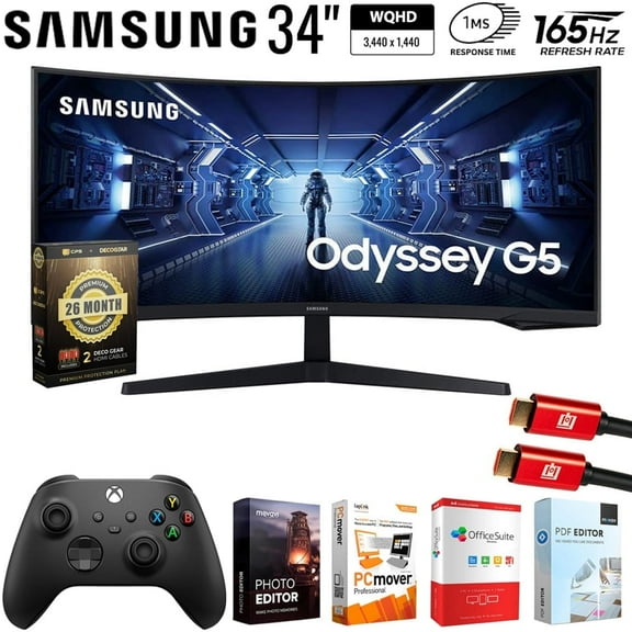 Samsung 34" Odyssey G55T WQHD Curved Gaming Monitor Bundle with Microsoft Wireless Controller, Elite Suite 18, 2x HDMI Cable and Deco Gear CPS Exclusive 26 Month Protection Pack (BEACH-CPS- 26M500)