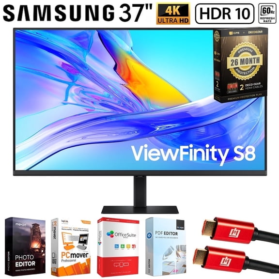 Samsung 37" ViewFinity S8 (S80UD) 4K UHD HDR10 Monitor Bundle with Tech Smart USA Elite Suite 18, 2x 4K HDMI Cable & Deco Gear CPS Exclusive 26 Month Protection Pack (BEACH-CPS-26M1000)