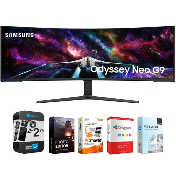 Samsung 57" Odyssey Neo G9 Dual 4K UHD Quantum Mini-LED Curved Gaming Monitor Bundle with Tech Smart USA Elite Suite 18 Standard Editing Software Bundle + 2 Year CPS Enhanced Protection Pack