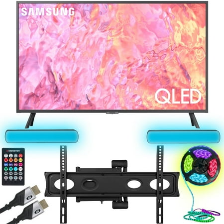 Samsung QN70Q60CA 70 Inch QLED 4K Smart TV (2023) Bundle with Monster TV Full Motion Wall Mount for 32"-70" with 6 Piece Sound Reactive Lighting Kit