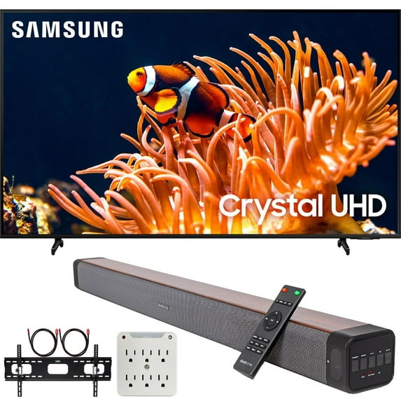 Samsung 85 Inch Class DU8000 Crystal UHD LED 4K Smart TV (2024) Bundle with Premium Deco Gear 60W 2.0 CH Soundbar + Deco Mount 37"-100" TV Wall Mount Bracket with Cleaning Kit + 6-Outlet Surge Adapte