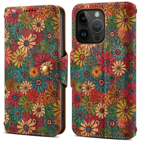 for Samsung A05 Cork Wood Phone Case Wallet, Retro Floral Folio Flip Book Cover Magneitc Closure, ID Credit Card Holder Coin Cash Slot, Kickstand Support (Colorful Chrysanthemum Floral)