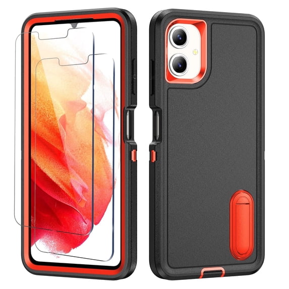 For Samsung A06 Military Grade Dual Layer Shockproof Phone Case With 2 PCS Screen Protector Build With Kickstand Dustproof Drop Proof Protective Cover for Galaxy A06 6.7"(Black/Orange)