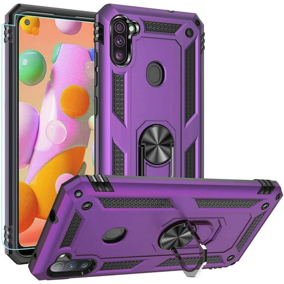 Samsung A11 Case,Galaxy A11 Case, Grade Heavy Duty Protection Phone Case Cover with HD Screen Protector Ring Kickstand for Samsung Galaxy A11 (Purple Case)