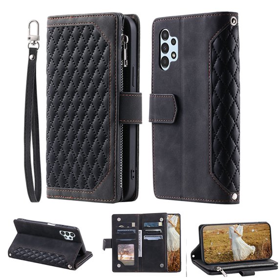 for Samsung A13 Case 4G, Crossbody Strap/Hand Strap Magnetic Folio PU Leather Case Zipper Pocket Credit Card Slots Wallet Kickstand Phone Case For Samsung Galaxy A13 4G, Black