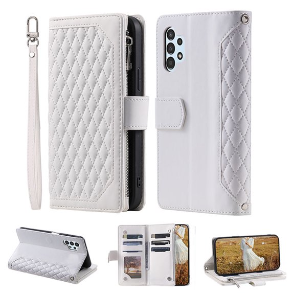 for Samsung A13 Case 4G, Crossbody Strap/Hand Strap Magnetic Folio PU Leather Case Zipper Pocket Credit Card Slots Wallet Kickstand Phone Case For Samsung Galaxy A13 4G, White