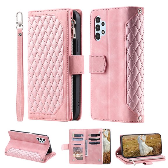 for Samsung A13 Case 4G, Crossbody Strap/Hand Strap Magnetic Folio PU Leather Case Zipper Pocket Credit Card Slots Wallet Kickstand Phone Case For Samsung Galaxy A13 4G, Rosegold