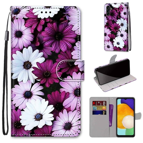For Samsung A13 Case 5G , Mantto PU Leather Phone Case With Hand Rope Strap Cute Painted Flip Card Wallet Slots Case,Kickstand Phone Skin For Samsung Galaxy A13 5G, Chrysanthemum