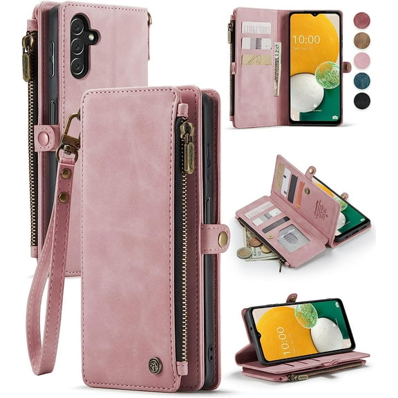 Samsung A13 Case, Galaxy A13 5G Case Wallet for Women Men, Durable PU Leather Magnetic Flip Lanyard Strap Wristlet Zipper Card Holder Wallet Phone Case for Samsung Galaxy A13 5G, Rose Pink