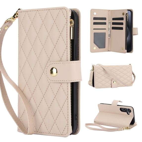 for Samsung A16 5G/4G Wallet Case with Zipper Pocket, RFID Blocking Card Slots, PU Leather Magnetic Clasp Kickstand Crossbody & Wrist Strap Rugged Protective Cover for Galaxy A16 5G/4G, Apricot