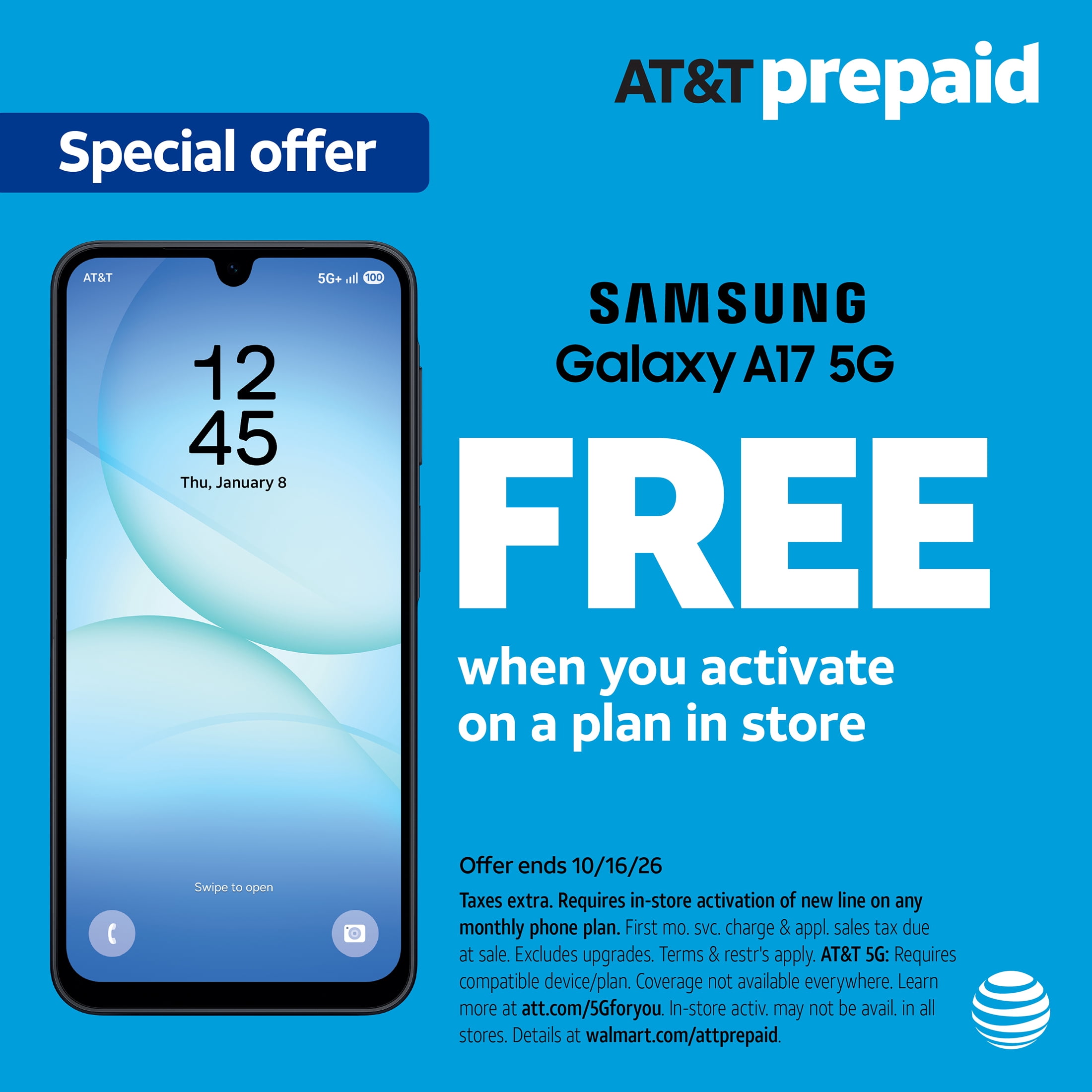 AT&T Samsung Galaxy A17 5G, 128GB, Black - Prepaid Smartphone[Locked to AT&T]