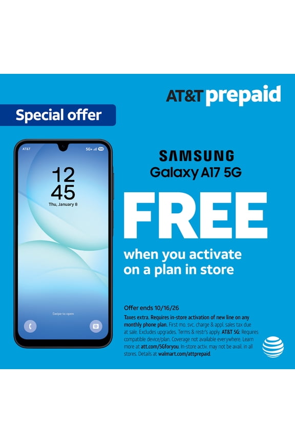 AT&T Samsung Galaxy A17 5G, 128GB, Black - Prepaid Smartphone[Locked to AT&T]