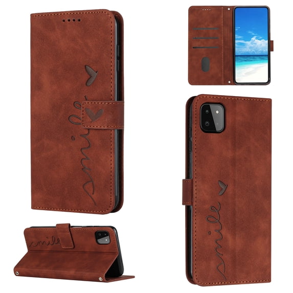 For Samsung A22 Case 5G, Allytech Wallet Case Magnetic Folio Embossed Full Protection PU Leather Kickstand Credit Card Holder Slots Wrist Strap Flip Cover for Samsung Galaxy A22 5G, Brown