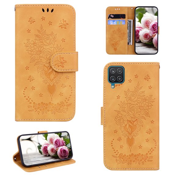 Samsung A22 Phone Case 4G, Butterfly Embossed Pattern PU Leather Magnetic Folio Flip Kickstand Protective Cards Pocket with Hand Strap Wallet Cover For Samsung Galaxy A22 4G,Yellow