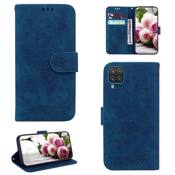 Samsung A22 Phone Case 4G, Butterfly Embossed Pattern PU Leather Magnetic Folio Flip Kickstand Protective Cards Pocket with Hand Strap Wallet Cover For Samsung Galaxy A22 4G,Blue